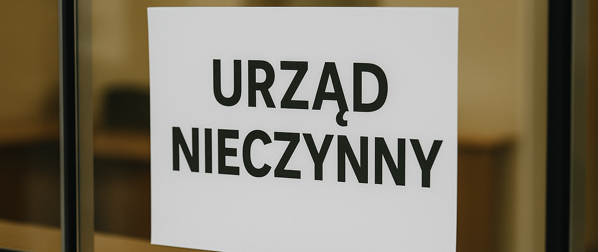 Zdjęcie przedstawia kartkę formatu A4 z napisem „URZĄD NIECZYNNY” wydrukowanym dużą, pogrubioną czcionką. Kartka jest przyklejona do szyby – najprawdopodobniej w drzwiach wejściowych do urzędu.
Tło za szybą jest lekko rozmyte, ale można dostrzec jasne wnętrze – biurko lub lada, co sugeruje, że to miejsce publiczne, jak urząd gminy, miasta lub inna instytucja administracyjna. Szyba osadzona jest w metalowej ramie, co nadaje zdjęciu profesjonalny i oficjalny charakter.
Komunikat jest czytelny i wyraźny, jednoznacznie informując, że urząd jest zamknięty.