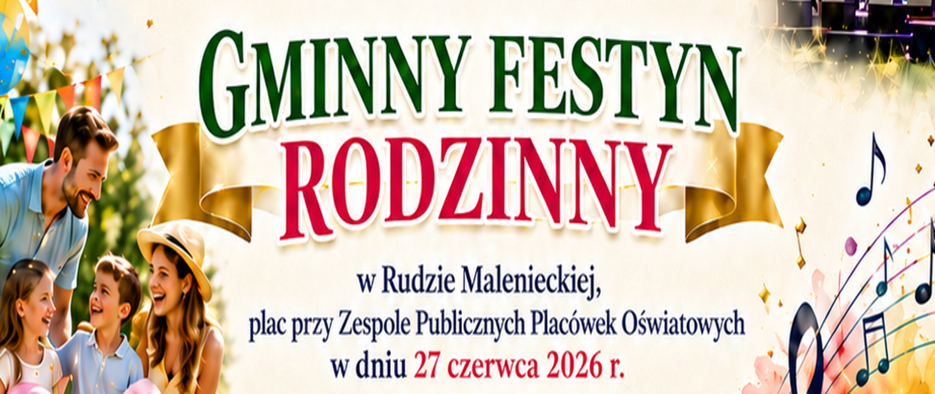 Plakat informujący o Gminnym Festynie Rodzinnym w Rudzie Malenieckiej, który odbędzie się 27 czerwca 2026 roku. Organizatorem jest Samorząd Gminy Ruda Maleniecka. W programie przewidziano m.in. występy dzieci, oficjalne otwarcie przez Wójta, koncerty zespołów Jackpot, Folkover oraz gwiazdy wieczoru – zespołu Toples (Marcin Siegieńczuk), a także biesiadowanie z DJ-em.