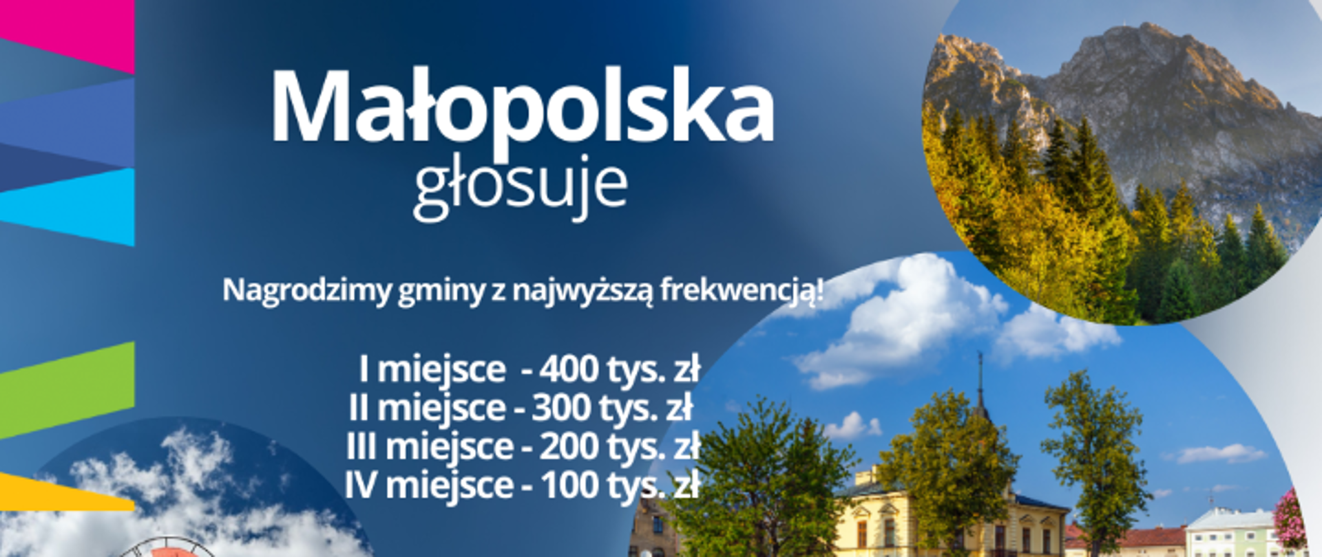 Grafika przedstawia na niebieskim tle trzy zdjęcia z flagą biało- czerwona, drugie z widokiem na rynek, trzecie z widokiem na góry.