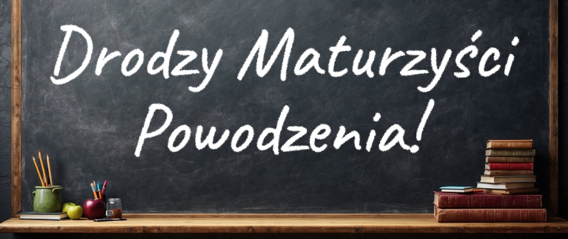 Tablica szkolna, na której narysowane jest logo Powiatu Sokołowskiego, a pod nim napis Drodzy Maturzyści Powodzenia!