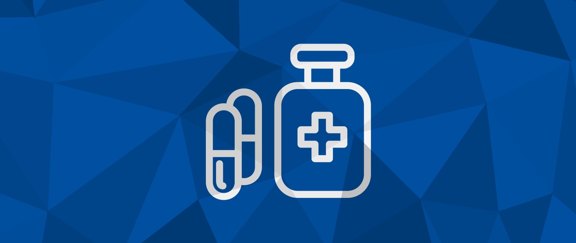 Grafika przedstawia białą ikonę leków w postaci dwóch kapsułek i butelki oznaczonej krzyżem na tle złożonym z trójkątów w odcieniach koloru niebieskiego.