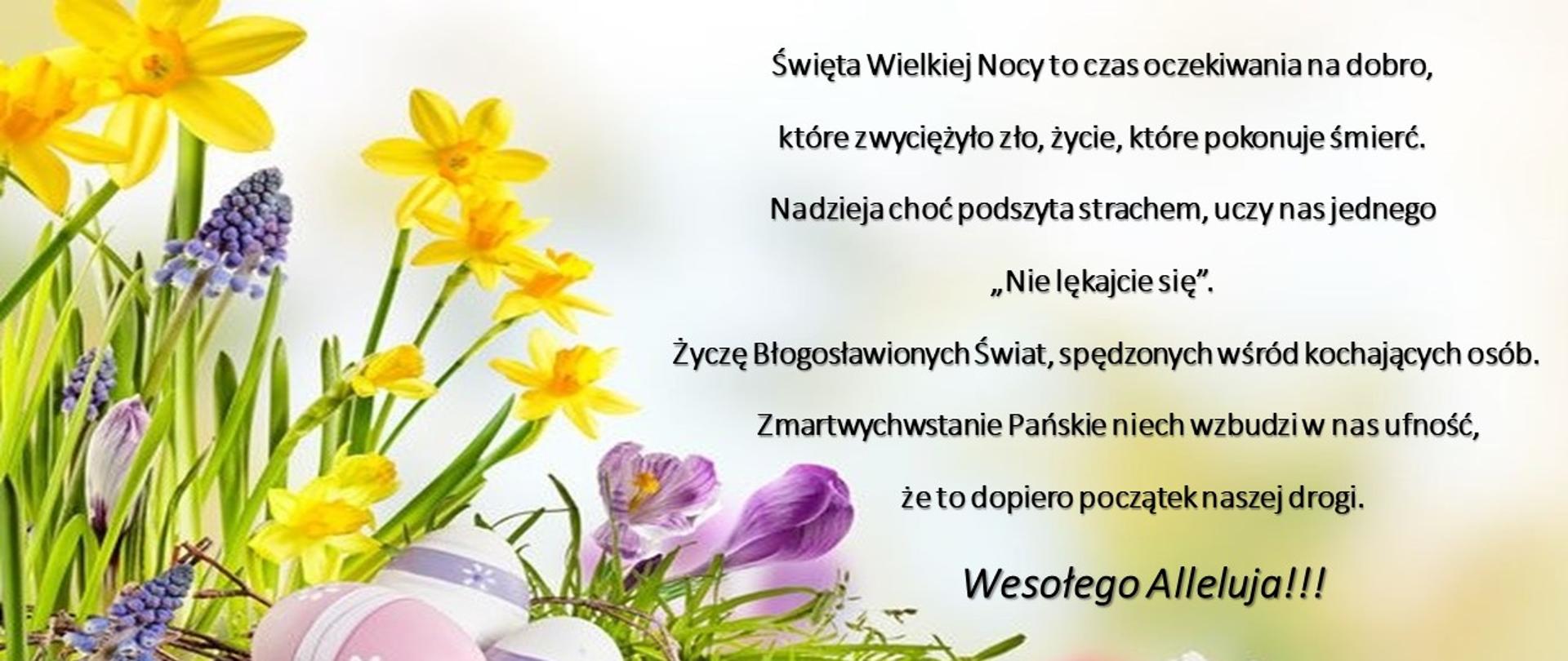 Życzenia wielkanocne Wójta Gminy Brańsk, w tle kolorowe wiosenne kwiaty, pisanki i trawa