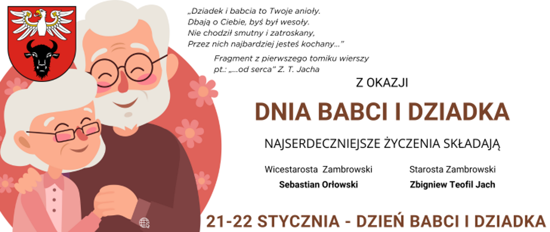 kolorowy banner z grafiką dziadków oraz z tekstem życzeń od starostów zambrowskich z okazji Dnia Babci i Dziadka