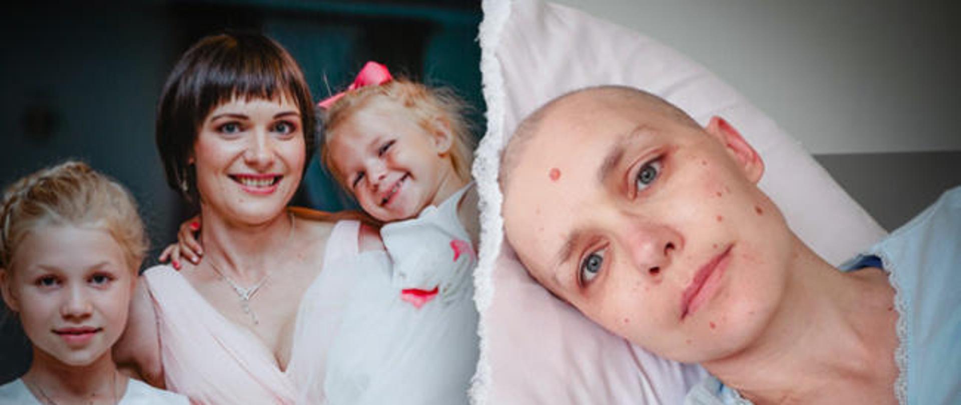 Zdjęcie przedstawiające po lewej stronie uśmiechniętą kobietę z dwójką dzieci, zaś po prawej chorą i smutną. To ta sama kobieta.