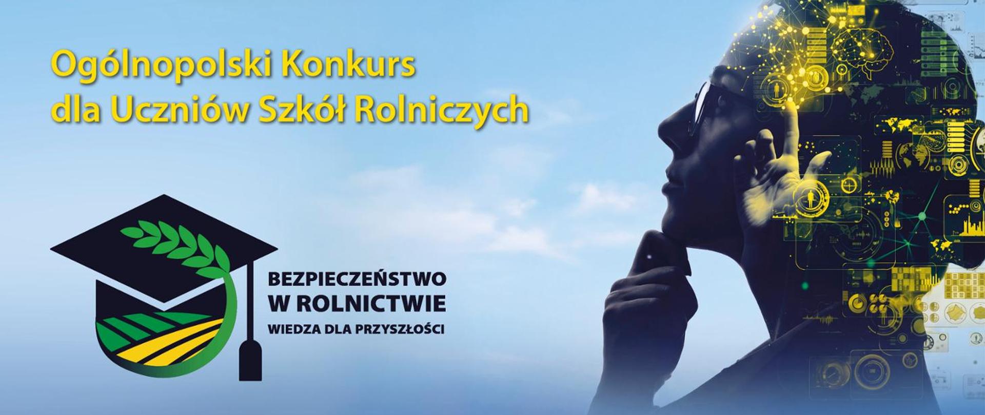 Baner Ogólnopolskiego Konkursu dla Uczniów Szkół Rolniczych „Bezpieczeństwo w Rolnictwie – Wiedza dla Przyszłości”, z grafiką absolwenta w birecie na tle pól uprawnych oraz nowoczesnych technologii.