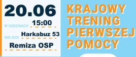 Plakat informacyjny w odcieniach jasnego błękitu, granatu i pomarańczu.Po prawej stronie znajduje się rysunek osoby w pomarańczowym stroju ratowniczym i kasku, trzymającej wskaźnik. W dolnej części plakatu znajdują się logotypy organizatorów i partnerów.