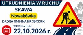 Prostokątny plakat w kolorach czerwonym, białym, granatowym i żółtym. U góry duży czerwony nagłówek, po lewej stronie tekst i okrągłe ikony, a po prawej żółty trójkątny znak robót drogowych oraz grafika krętej drogi. Całość ma wyrazisty, ostrzegawczy charakter.