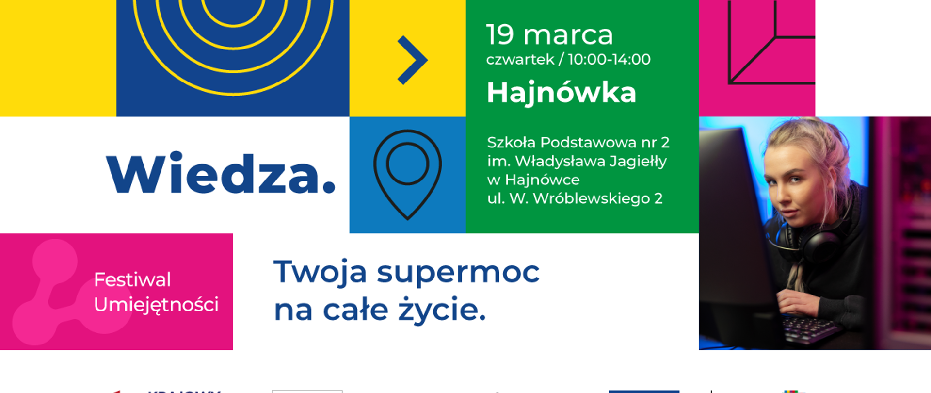 Plakat składa się z kolorowych piktogramów, w których umieszczono informacje o wydarzeniu, zawarte w artykule. U dołu logotypy organizatora i instytucji finansujących.