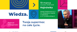 Plakat składa się z kolorowych piktogramów, w których umieszczono informacje o wydarzeniu, zawarte w artykule. U dołu logotypy organizatora i instytucji finansujących.