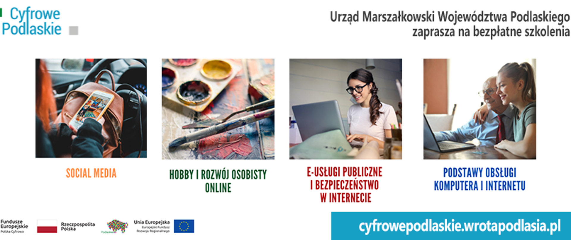 Plakat projektu Cyfrowe Podlaskie - Bezpłatne szkolenia dla mieszkańców województwa podlaskiego