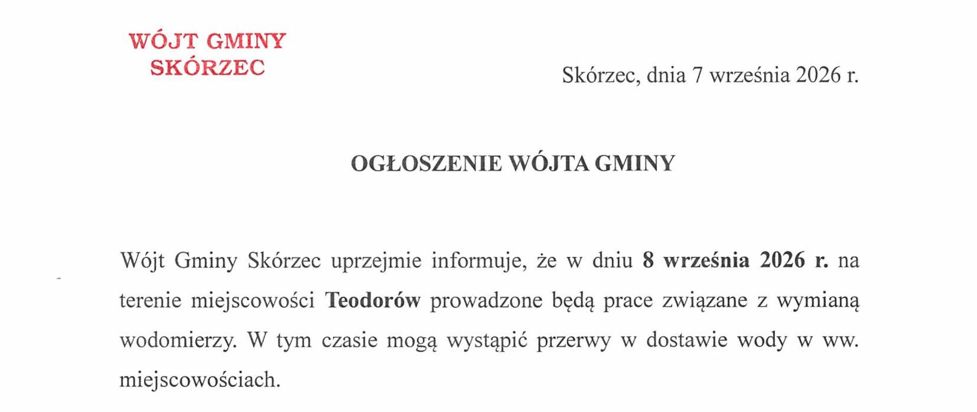 Wymiana wodomierzy Teodorów - 8 września