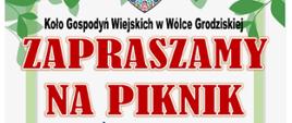 białe tło w małe, kolorowe kwiatuszki duże czerwone litery zapraszamy na piknik 