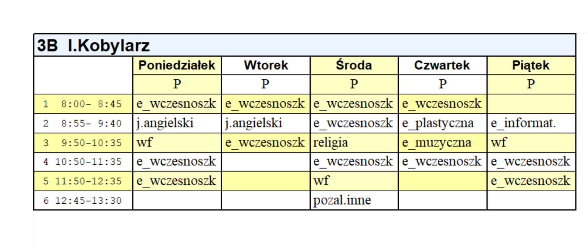 Plan lekcji kl. 3