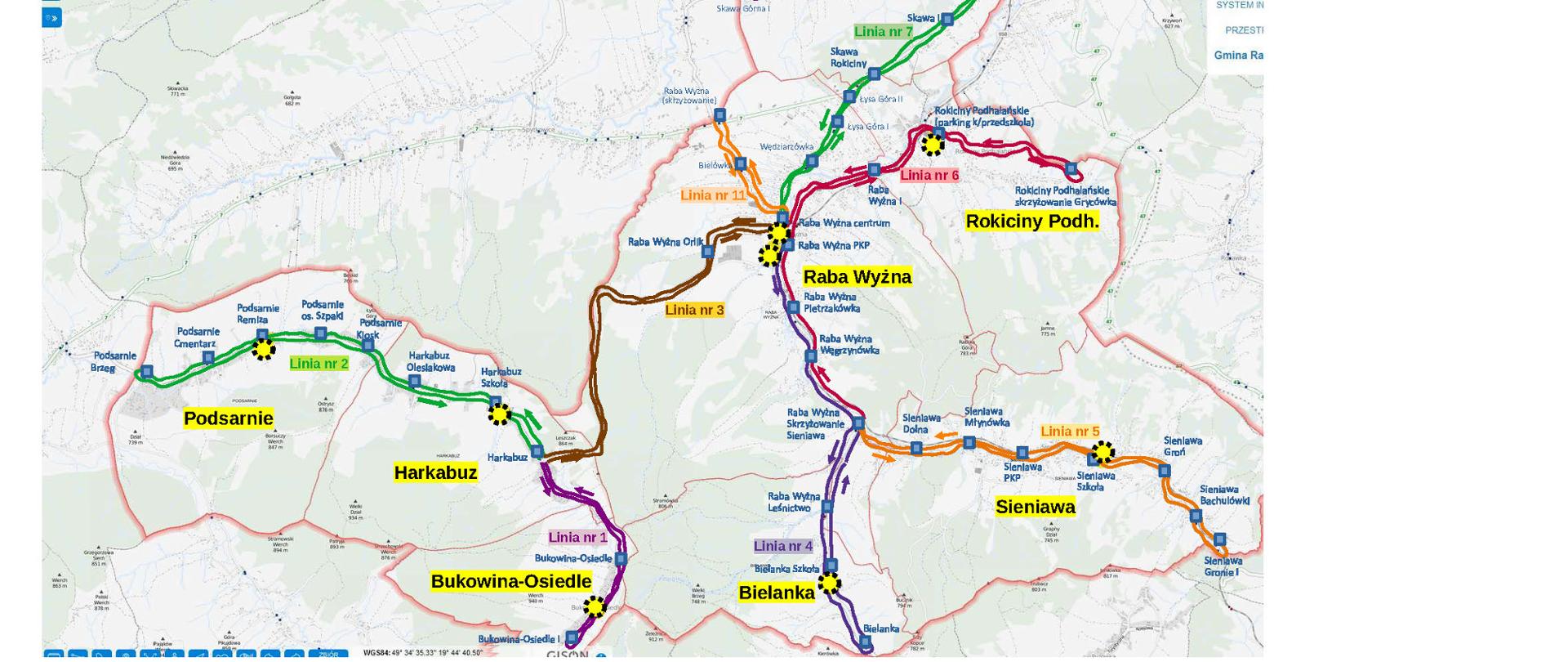 Mapa przeglądowa linii przewozu pasażerskiego w dniu wyborów 15 października 2023 r. z oznaczeniem numerów linii.