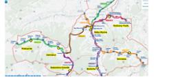 Mapa przeglądowa linii przewozu pasażerskiego w dniu wyborów 15 października 2023 r. z oznaczeniem numerów linii.