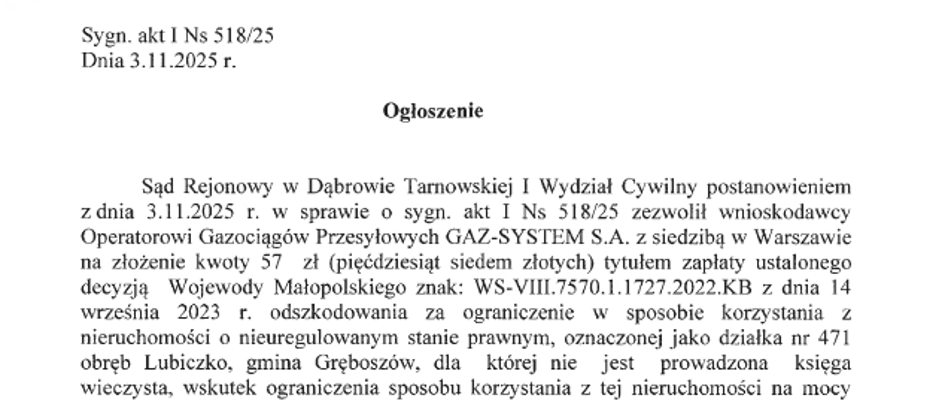 Treść ogłoszenia
