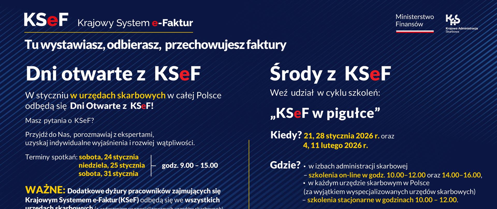 Plakat informujący o dniach otwartych z KSeF oraz Środach z KSeF w Urzędzie Skarbowym w Lubawie. 