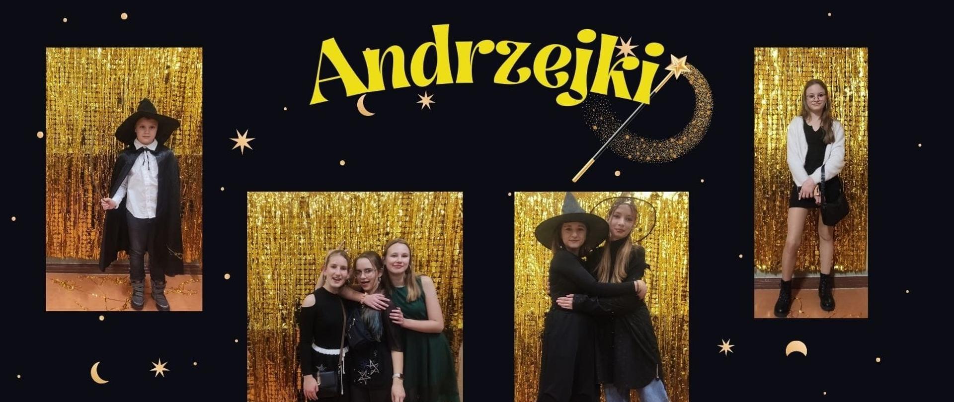 Uczniowie w strojach andrzejkowych w ciemnych barwach o tematyce Harry Potter. Na głowie i w rękach posiadają gadżety takie jak różdżki, kapelusze. W tle złota ścianka do zdjęć. 