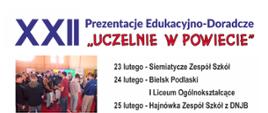 Plakat promujący "Uczelnie w Powiecie" - na białym tle umieszczono harmonogram zjazdów oraz herby zaangażowanych samorządów. 