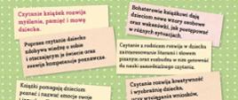 Plakat przedstawiający w prostokątnych okienkach zalety wspólnego czytania rodziców z dziećmi na zielonym tle w kropki