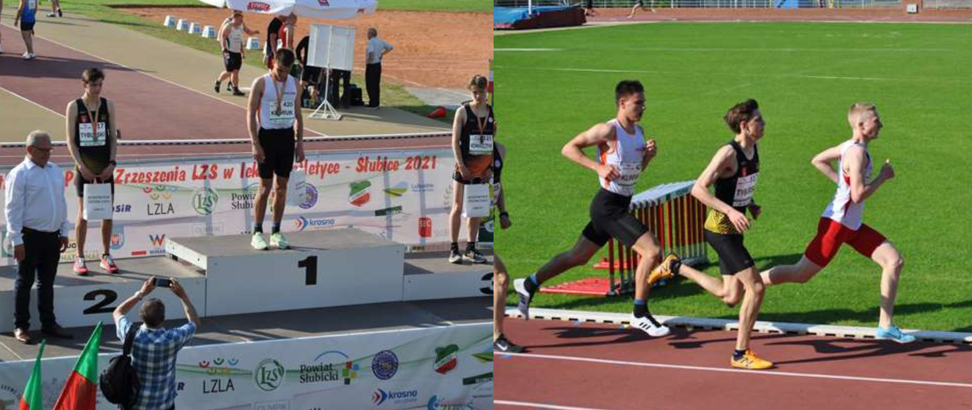 Kolaż zdjęć z zawodów: po lewej Łukasz Klimiuk na podium, po prawej Łukasz Klimiuk w trakcie biegu po medal