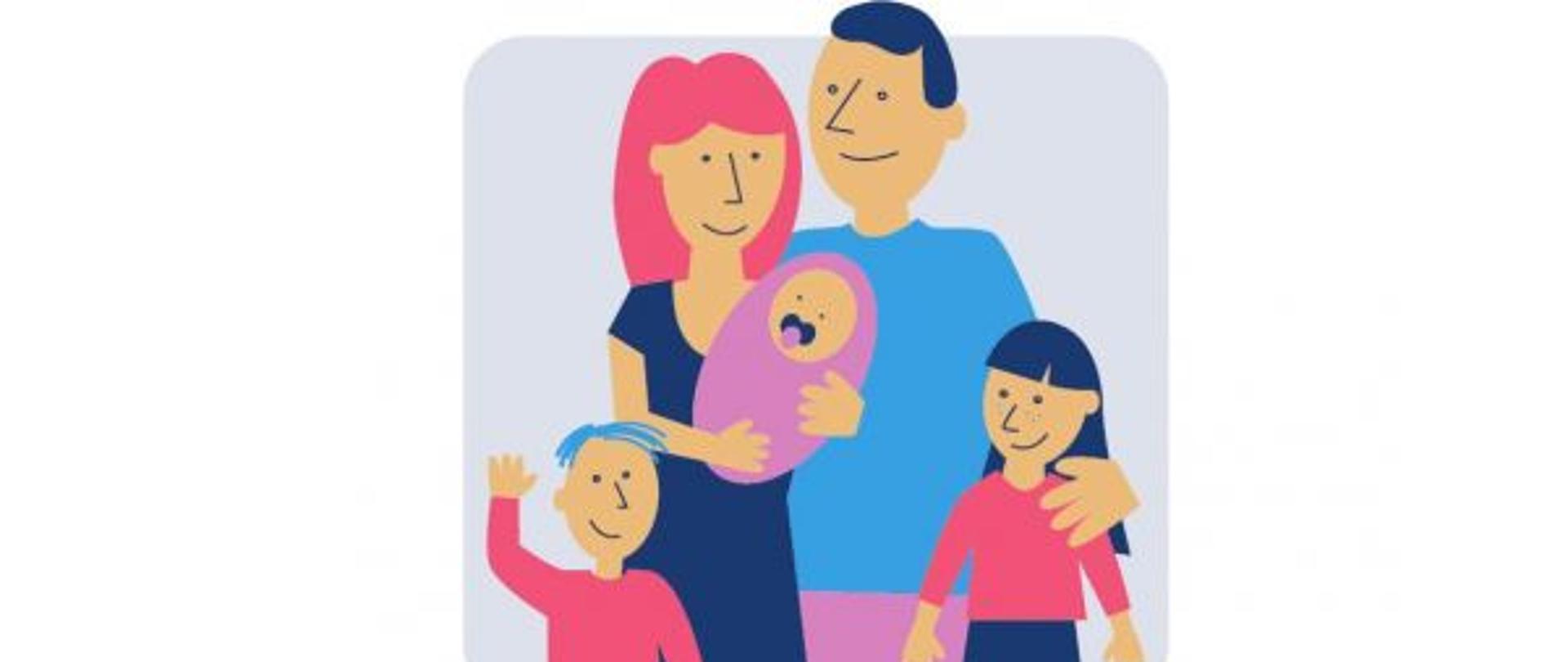 grafika rodziców z trójką dzieci, na dole napis: karta dużej rodziny, rodzina.gov.pl