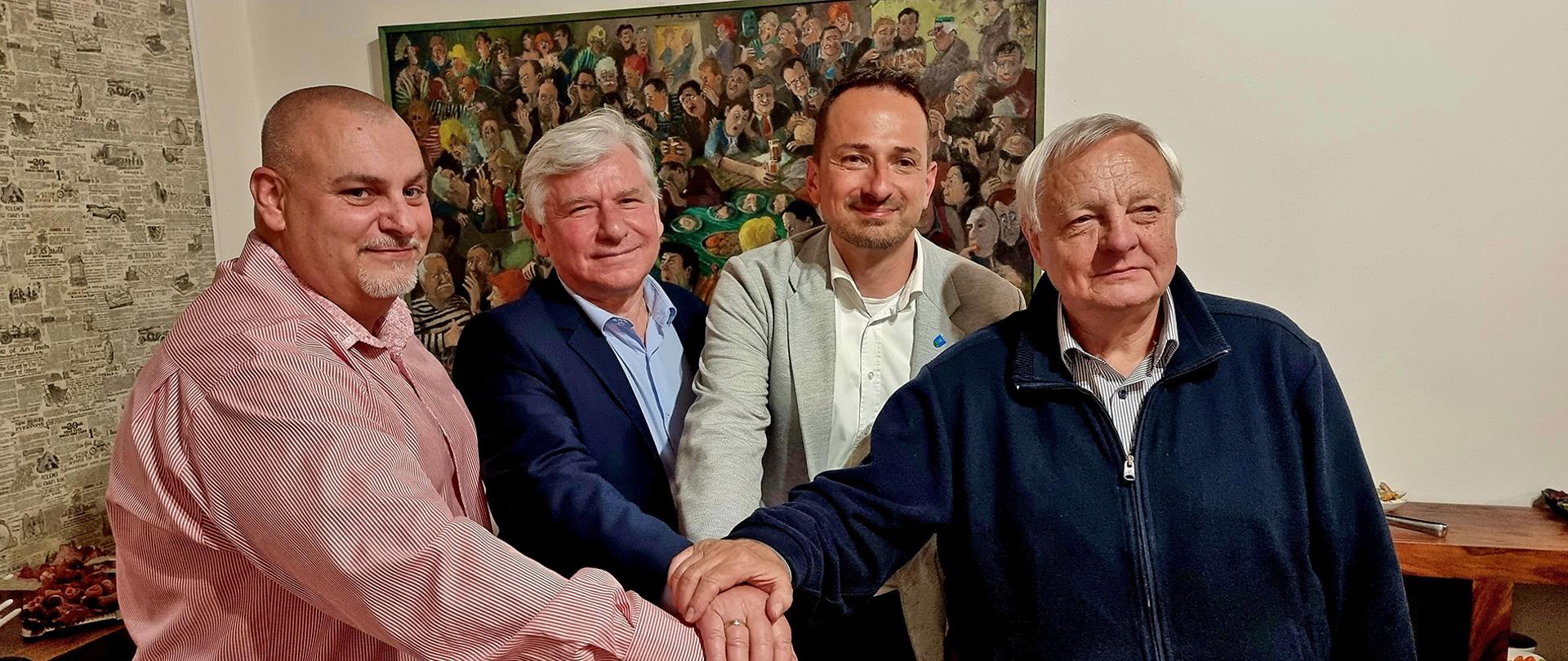 Zdjęcie ze spotkania w dniu 16.05.2023 Burmistrz Dobšiny Ján Slovák, Wójt Gminy Kobiór Eugeniusz Lubański, Burmistrz Šternberka Stanislav Orság oraz Burmistrz Sajószentpéter Péter Faragó.