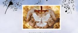 Obraz na niebieskim tle wyciągniętych dłoni na których znajdują się krzyż i biała gołębica. 