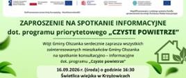 Plakat informacyjny dotyczący spotkania dla mieszkańców zainteresowanych dofinansowaniem z programu "Czyste powietrze"