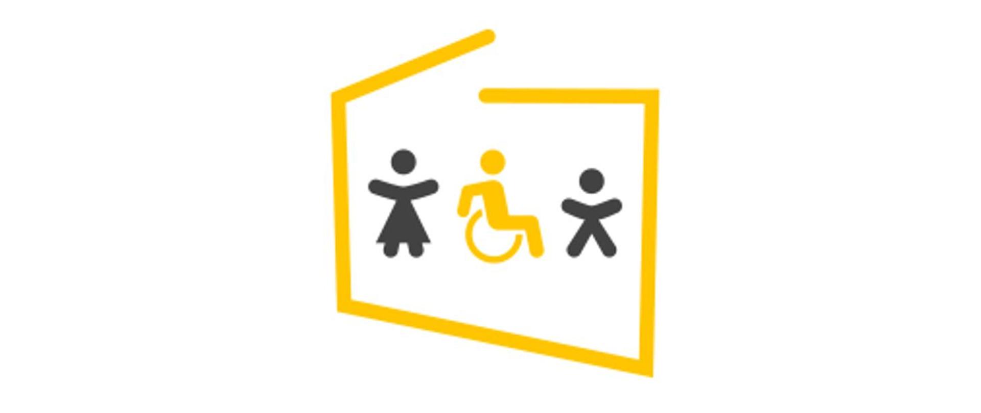 Logotyp akcji "Dostępność plus". Zarys w formie granic Polski w środku emotikony ilustrujące troje ludzi. Dwie stoją, jedna siedzi na wózku inwalidzkim. 