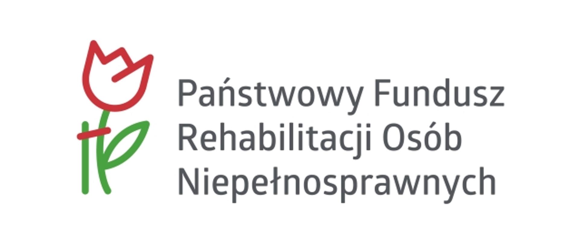 napis Państwowy Fundusz Rehabilitacji Osób Niepełnosprawnych i grafika kwiat z podporą