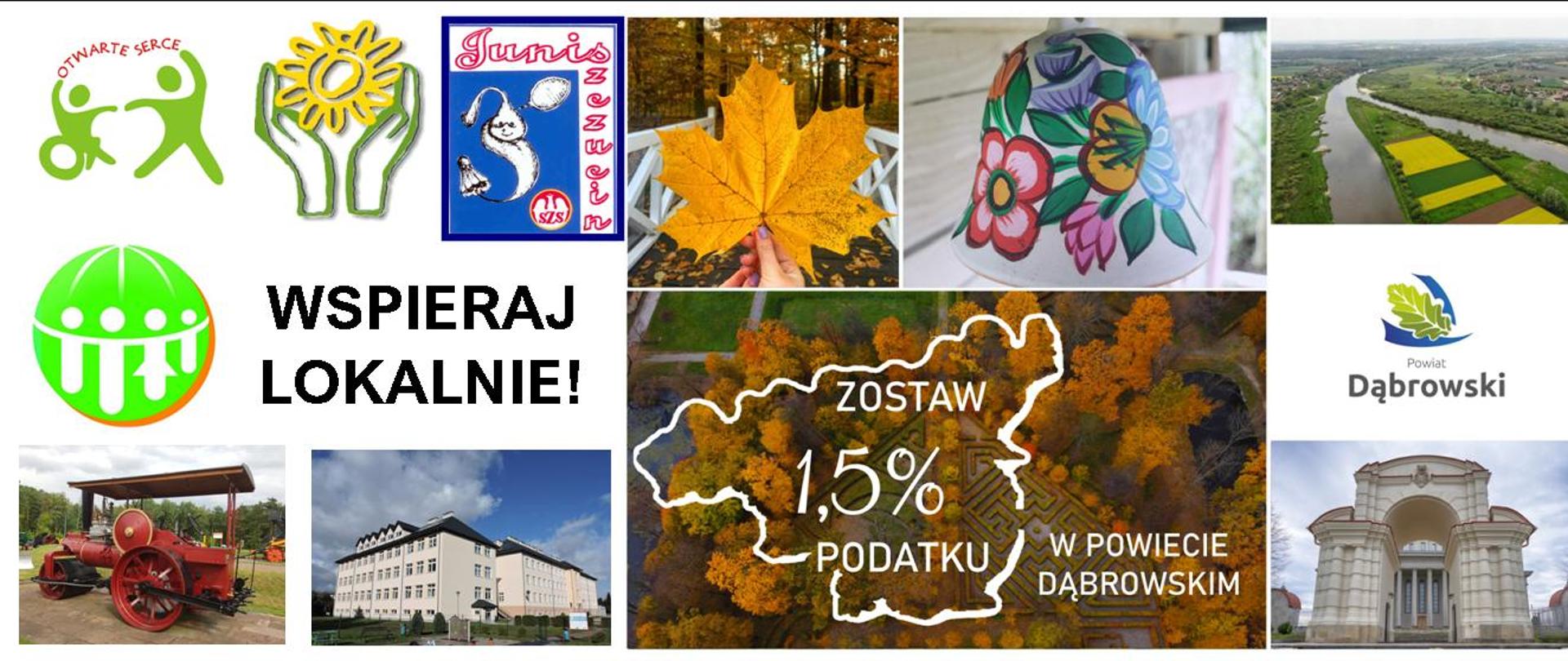 Grafika z napisem zostaw 1,5 procent podatku w powiecie dąbrowskim