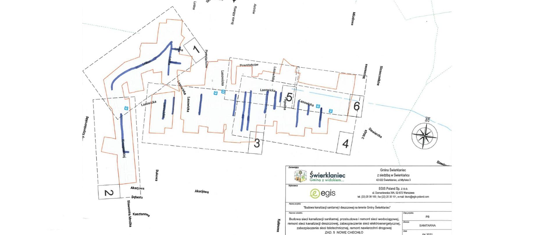 Mapa wykonanych odcinków kanalizacji sanitarnej w Nowym Chechle