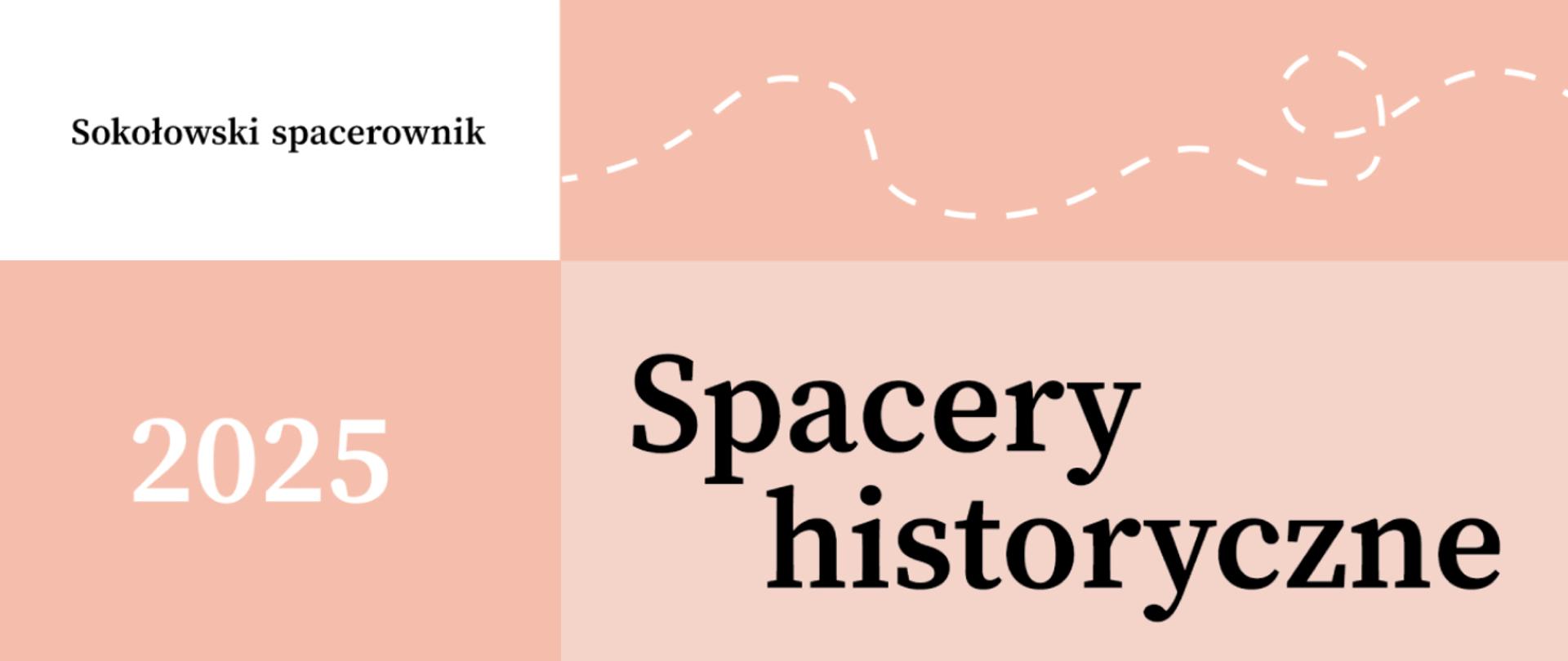 Prostokątna ilustracja złożona z 4 różnie złożonych paneli w odcieniach pudrowego różu oraz bieli. 1 panel lewy górny róg napis "Sokołowski spacerownik", poniżej rok 2025. Z prawej strony od góry wytyczona przerywaną linią ścieżka, poniżej napis "Spacery historyczne".