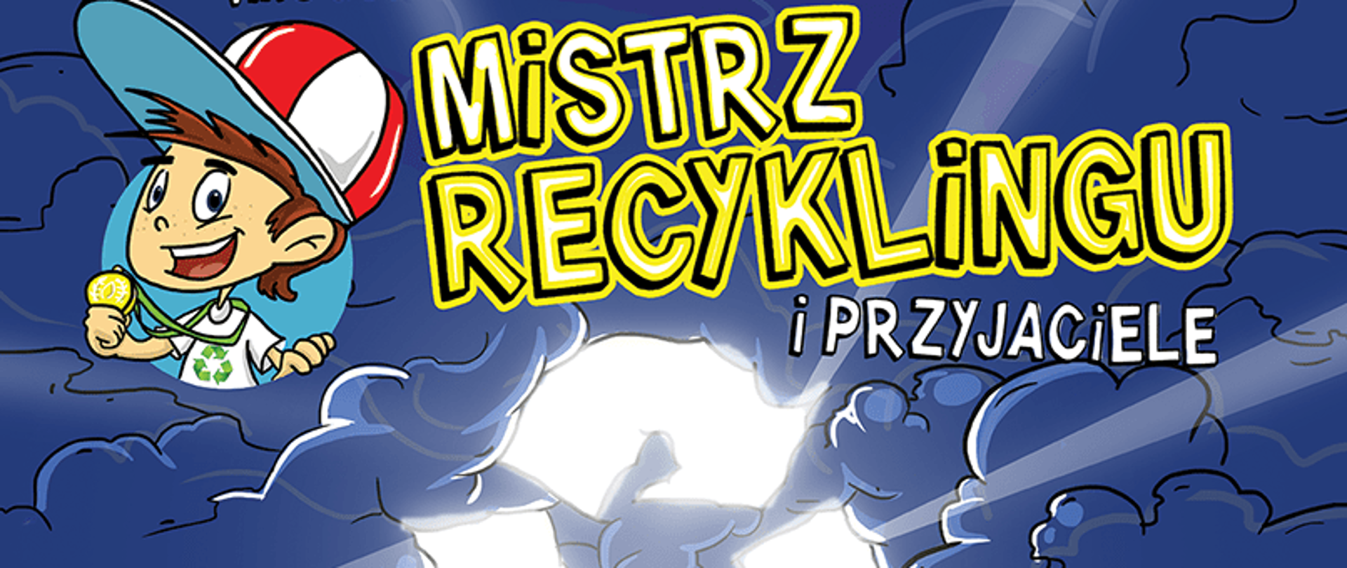 granatowe tło z prawej strony napis mistrz recyklingu i przyjacielem w kolorze żółtym z lewej strony uśmiechnięta twarz chłopca w biało czerwonej czapce 