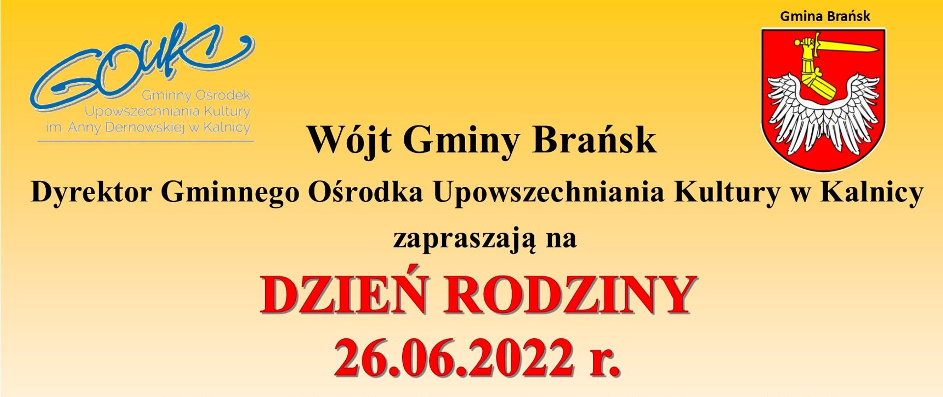 Na żółtym tle herb Gminy Brańsk oraz logo GOUK w Kalnicy, poniżej program imprezy oraz zdjęcia zespołów i piktogram rodziny na kanapie.