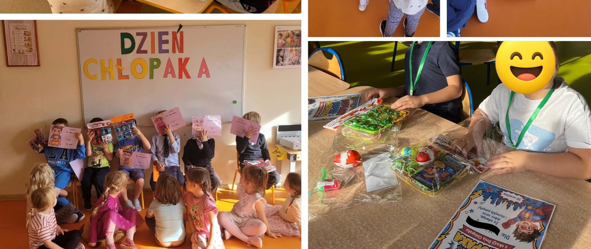 W lewym górnym rogu dzieci siedzą przy dużym stole i kolorują kredkami kolorowanki. Na stole leżą koszyki z kredkami.
W prawym górnym rogu są dwa ujęcia – dzieci stoją i siedzą na ciemnej macie na pomarańczowej podłodze. Obok dziecko w fioletowej sukience przechodzi przez niebiesko-zielony tunel do zabawy.
W lewym dolnym rogu grupa dzieci siedzi na podłodze lub na krzesełkach pod tablicą z dużym napisem „Dzień chłopaka”. Chłopcy trzymają przed twarzami dyplomy oraz prezenty.
W prawym dolnym rogu jest zbliżenie na stolik, na którym leżą zapakowane prezenty oraz dyplomy. Przy stoliku siedzi dwójka chłopców.