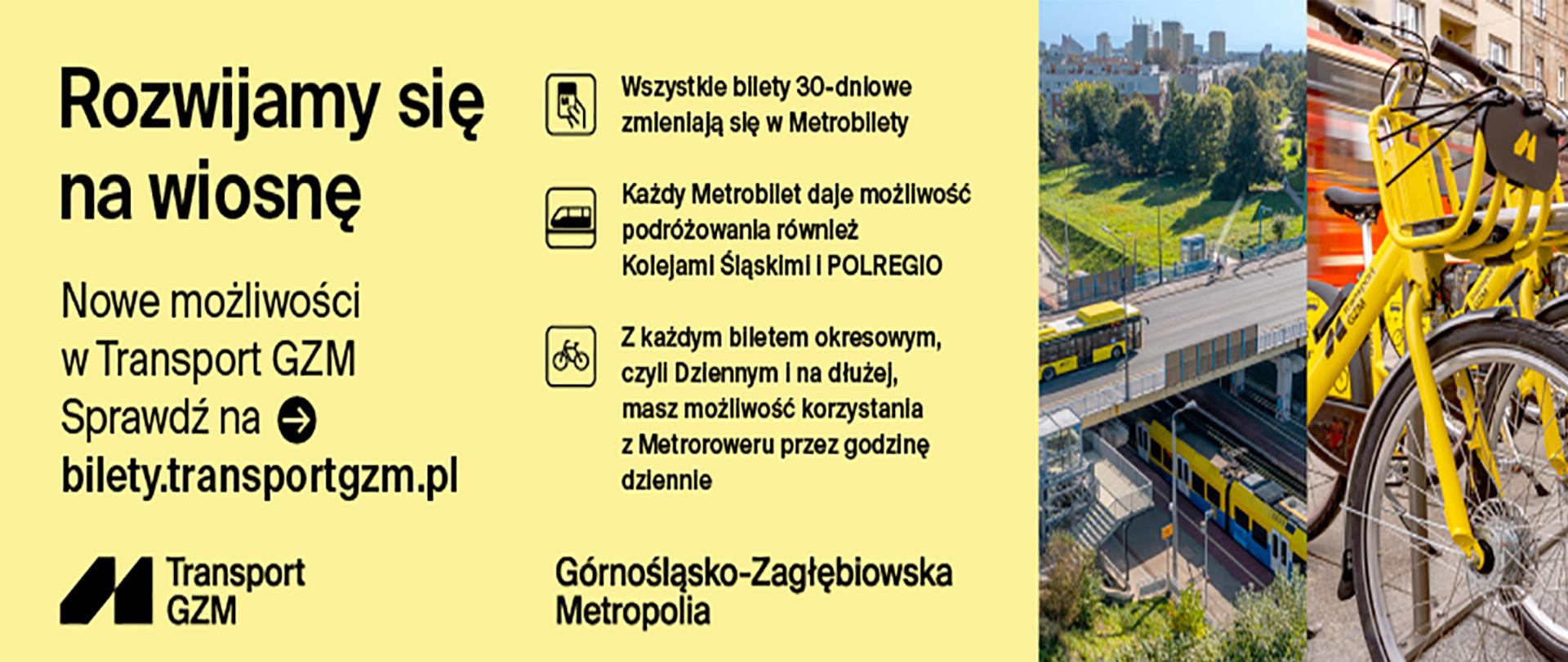 Informacja promocyjna GZM na żółtym tle. Obok zdjęcia pociągu i autobusu poruszających się po trasach oraz żółte rowery