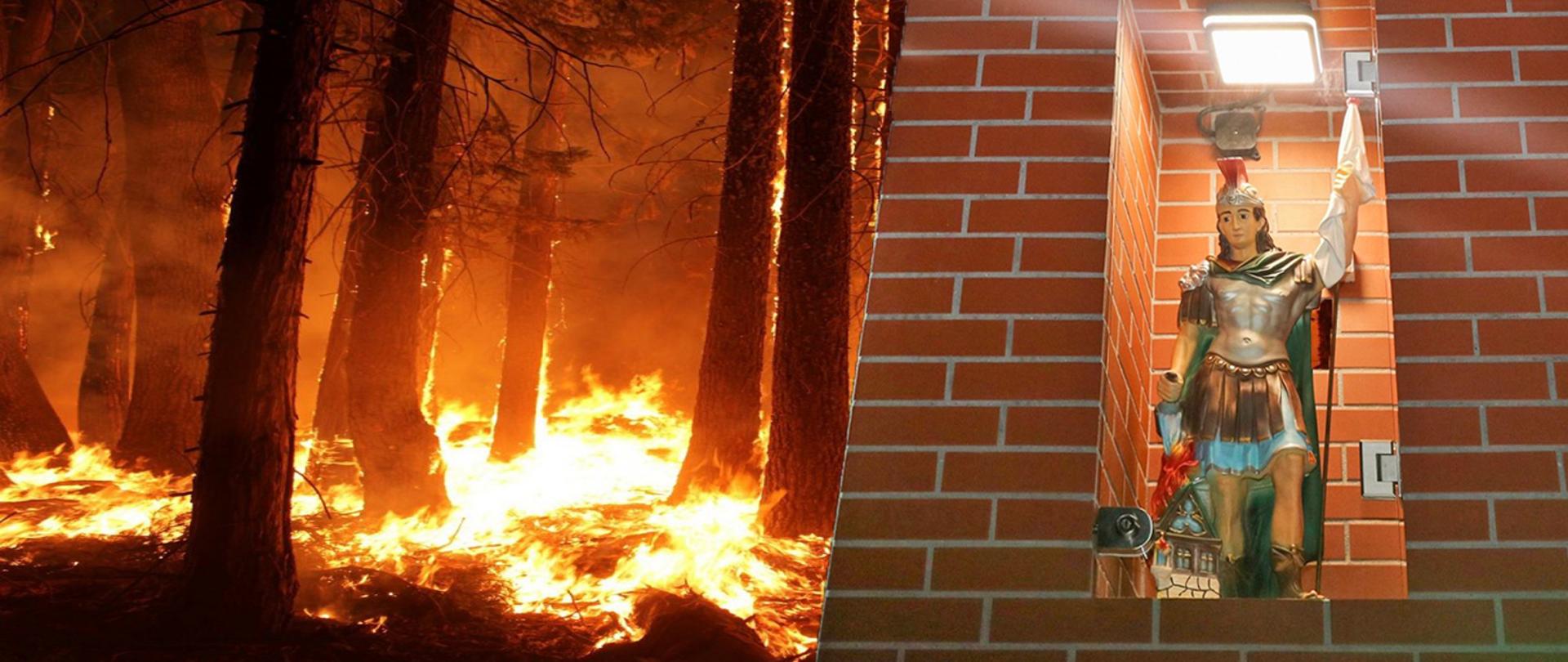 Figurka Św. Floriana w ceglanej wnęce ściany obok pożar lasu.