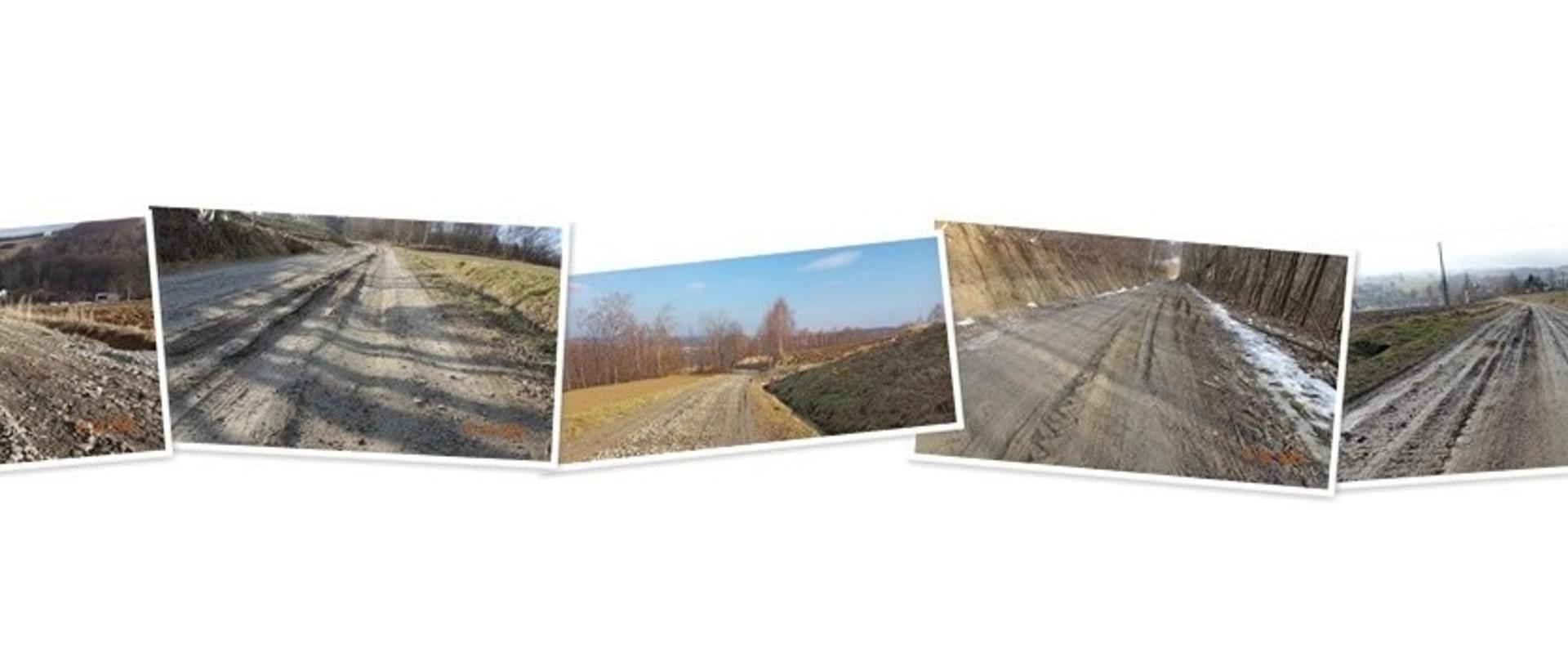widoczny kolarz pięciu zdjęć remontów dróg gruntowych na zdjęciach widoczne uszkodzenia dróg i sytuacja po ich naprawie