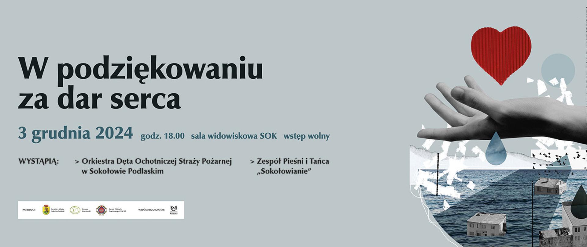 Na banerze zamieszczono tytuł koncertu, termin w którym się odbędzie oraz miejsce wydarzenia. Przedstawiono również wykonawców zgodnie z informacją zamieszczoną w artykule. Baner ma szare tło a po jego prawej stronie widzimy grafikę zorientowaną na okręgu, a na niej unoszące się na wielkiej wodzie domy, nad którymi widzimy ludzką dłoń, a ponad nią czerwone serce stanowiące symbol dobroci oraz bezinteresownej pomocy.