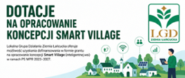 Plakat informujący o naborze na dofinansowanie opracowania koncepcji Smart Village. . Na grafice przedstawiono nowoczesną wieś z elementami technologii cyfrowych i ekologicznych.