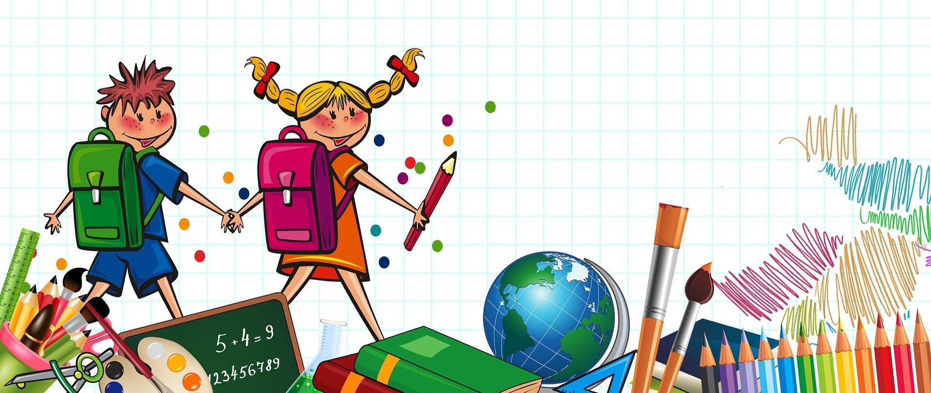 Dzieci idące do szkoły z plecakami, przybory szkolne takie jak książki, globus, kredki