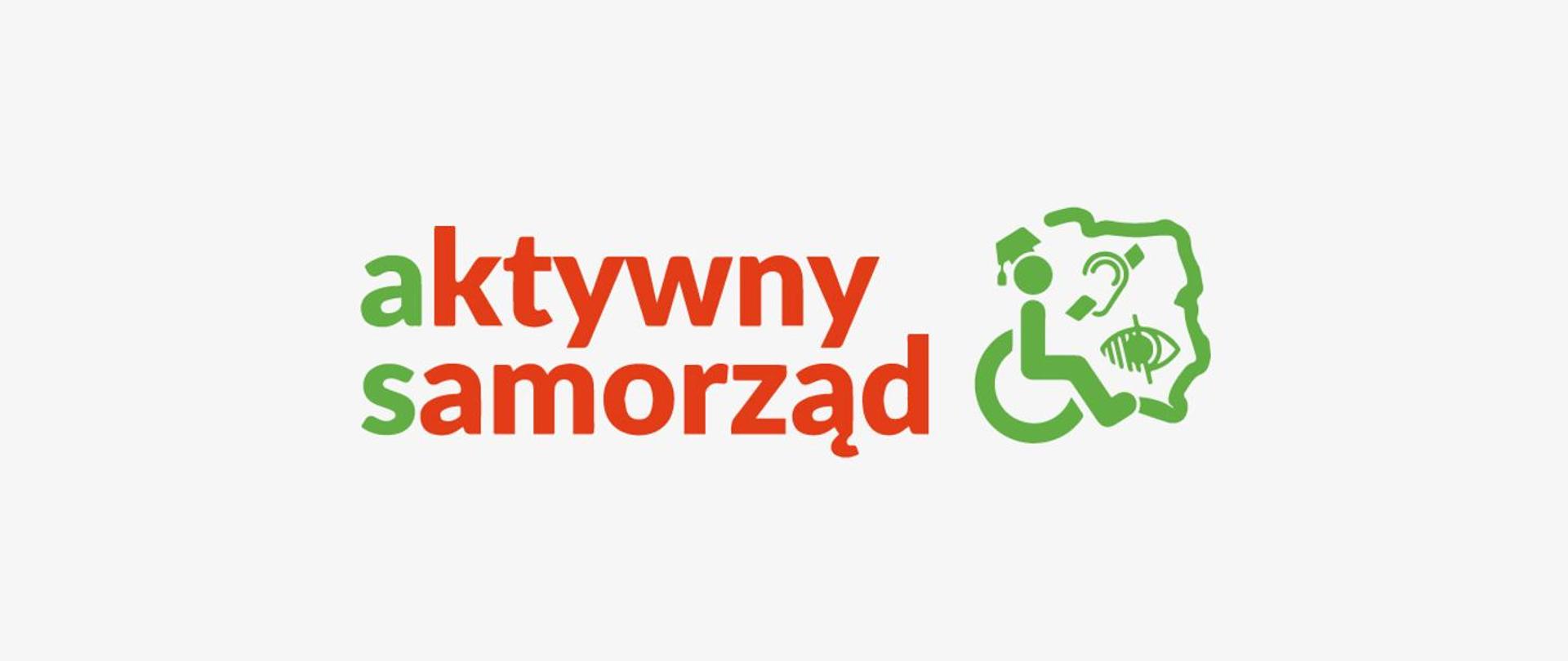Czerwono zielony napis aktywny samorząd. Logo osoby na wózku inwalidzkim oraz zarys państwa Polskiego.