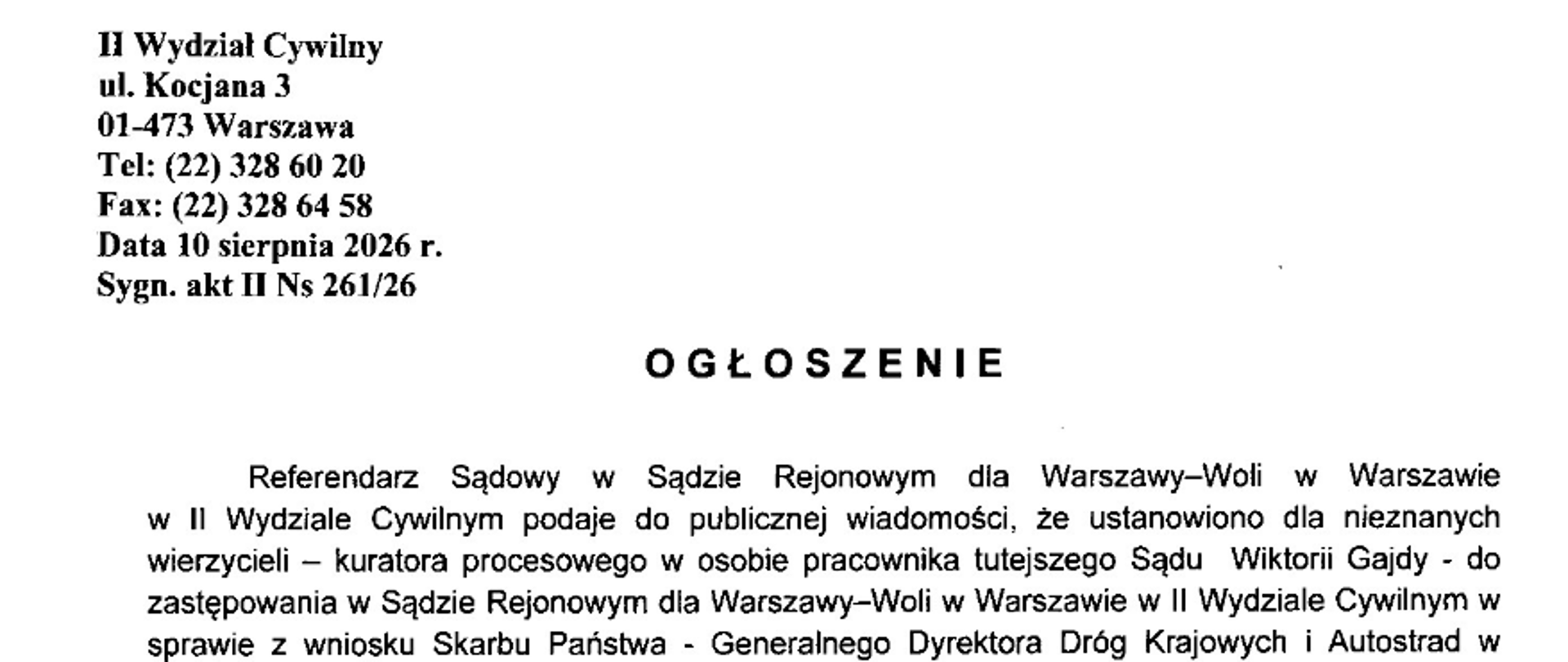 Ogłoszenie Sądu Rejonowego dla Warszawy-Woli w Warszawie