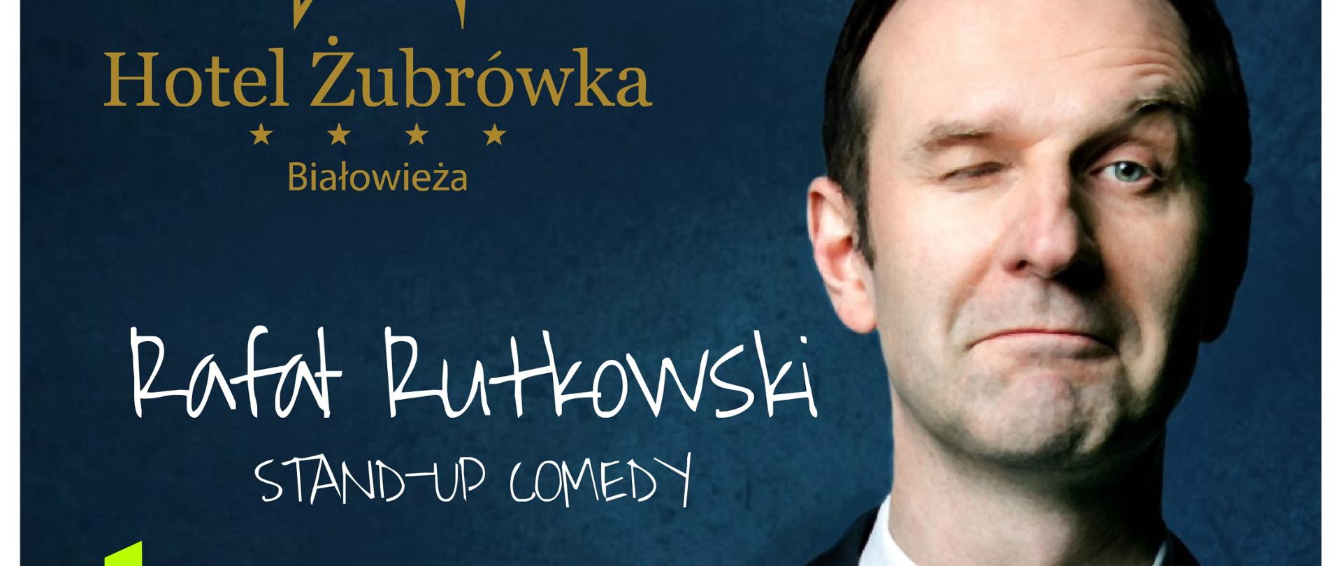 Plakat promujący wydarzenie: na niebieskim tle zdjęcie Rafała Rutkowskiego, informacje organizacyjne, umieszczone w artykule oraz logo Hotelu Żubrówka