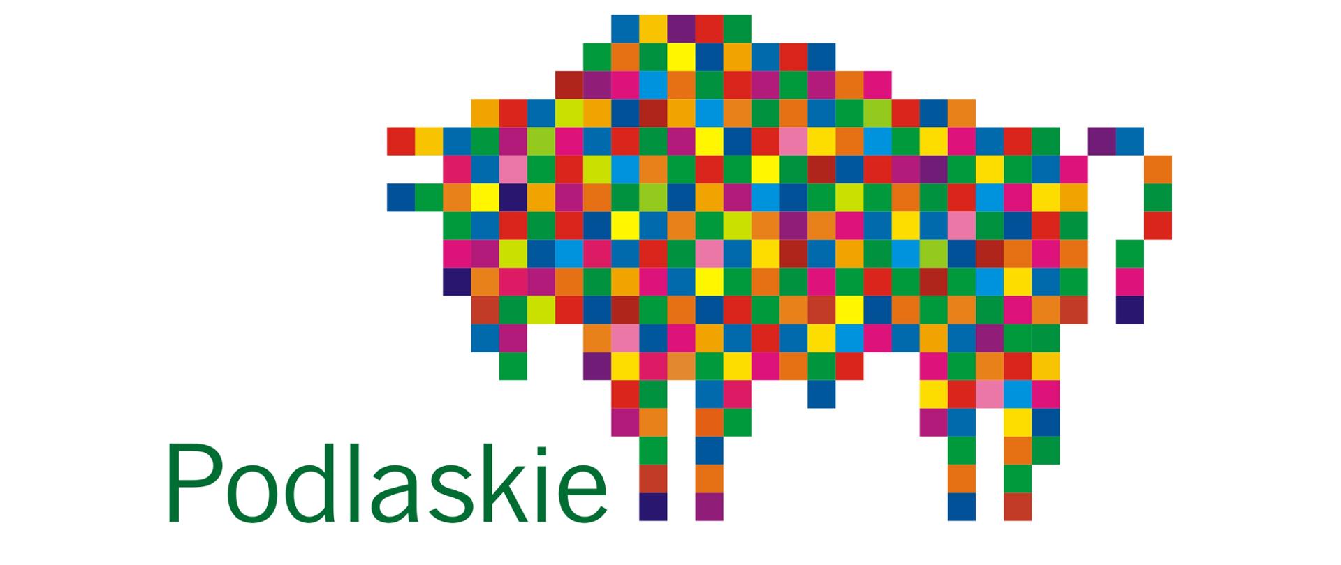 Na białym tle logo Województwa Podlaskiego (kolorowe piksele ułożone w kształcie żubra)