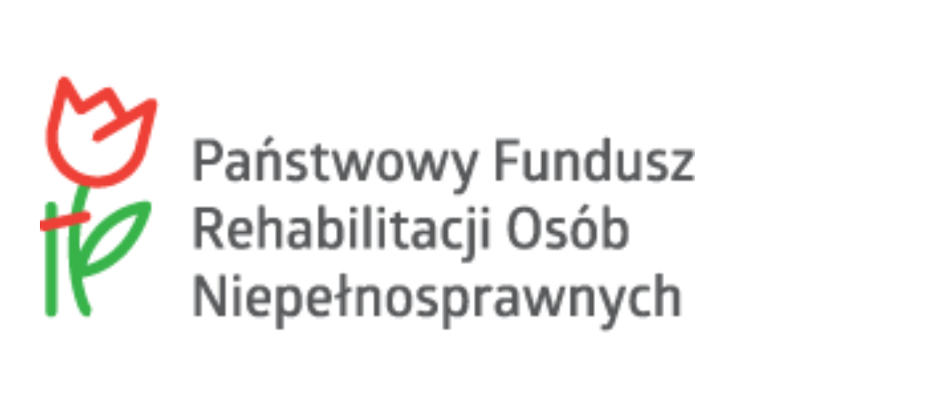 Logo Państwowego Funduszu Rehabilitacji Osób Niepełnosprawnych - tulipan narysowany w kolorze zielonym i czerwony, oraz napis na czarno Państwowy Fundusz Rehabilitacji Osób Niepełnosprawnych