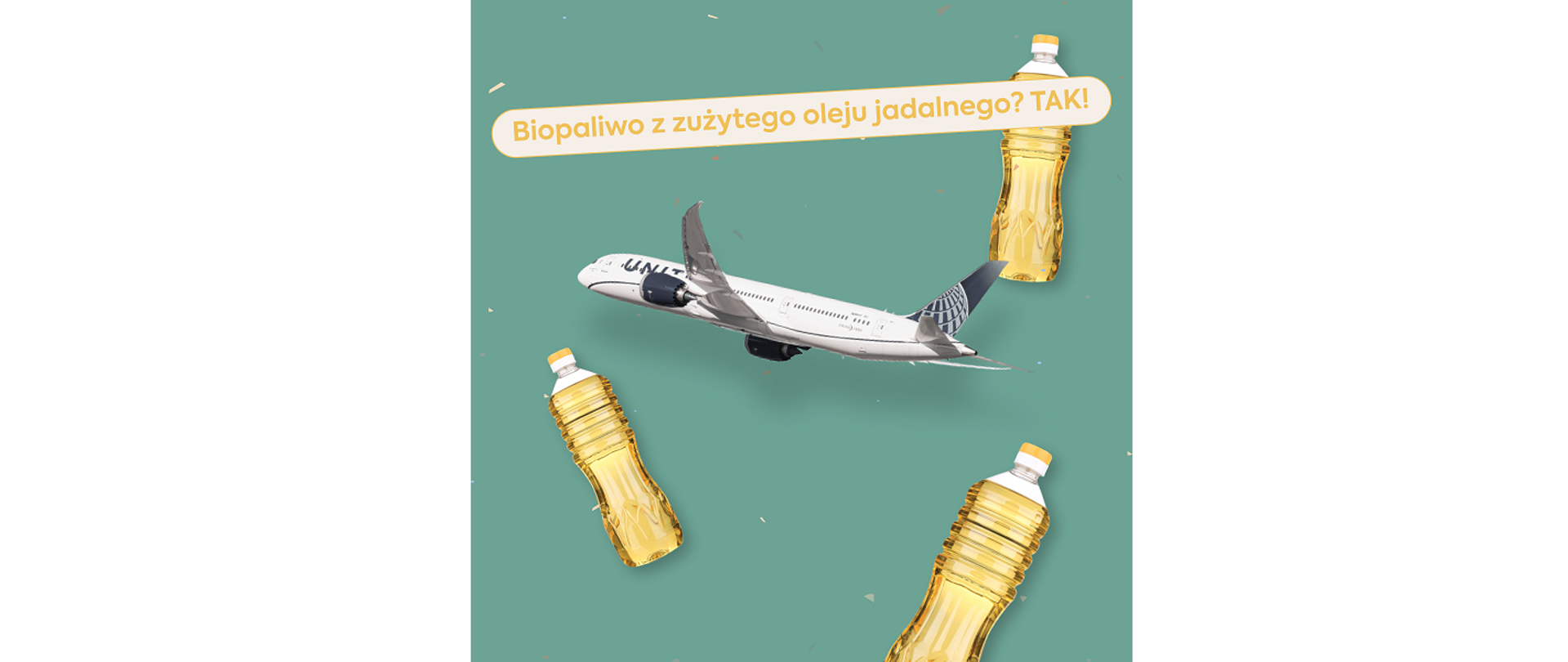 Biopaliwo z zużytego oleju jadalnego. Tak! Na ilustracji samolot pasażerski w locie i butelki z olejem jadalnym