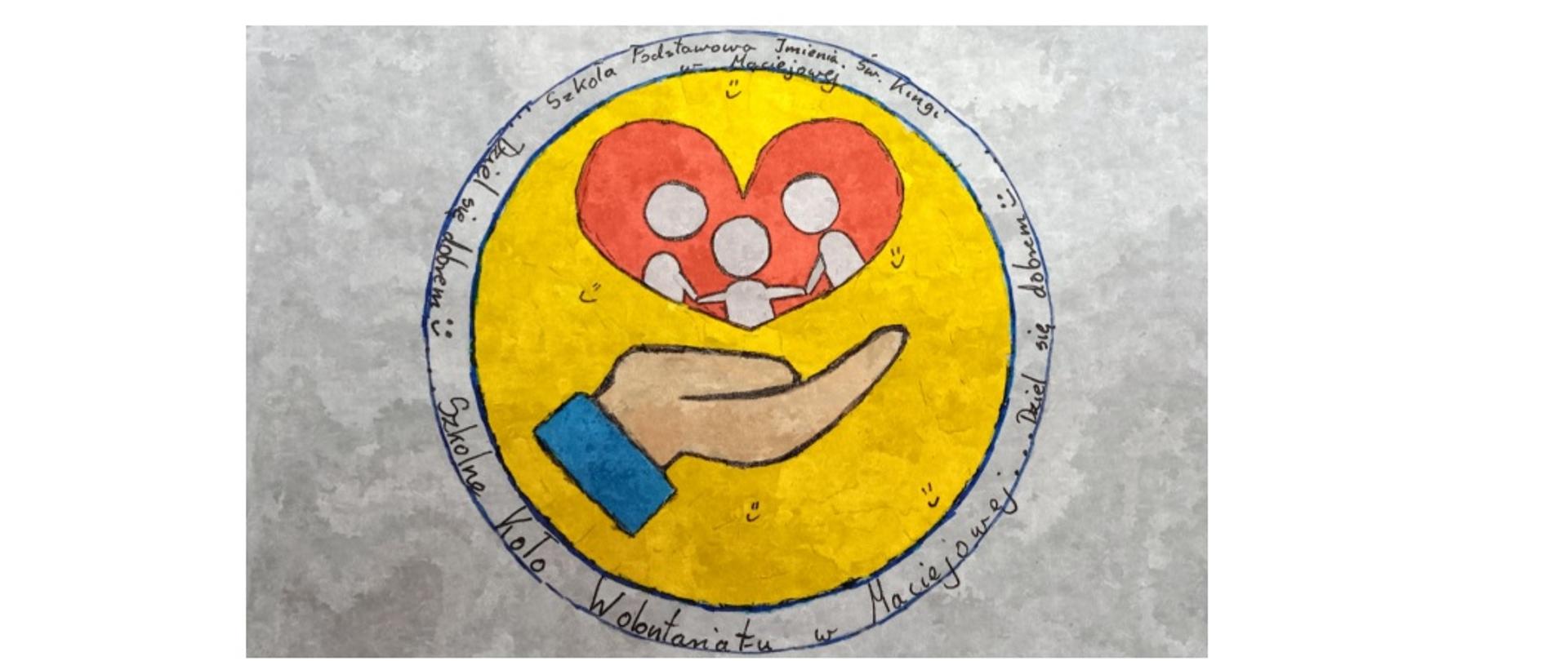 Logo wolontariatu - w żółtym kole nad dłonią jest serce, w którym znajdują się trzy postaci